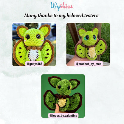 Pattern tester Kiwi Bat crochet creation showing a finished version of the fruit bat amigurumi design