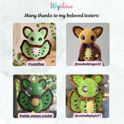 Kiwi Bat crochet pattern tester project with handmade finishing details and playful green fruit colors