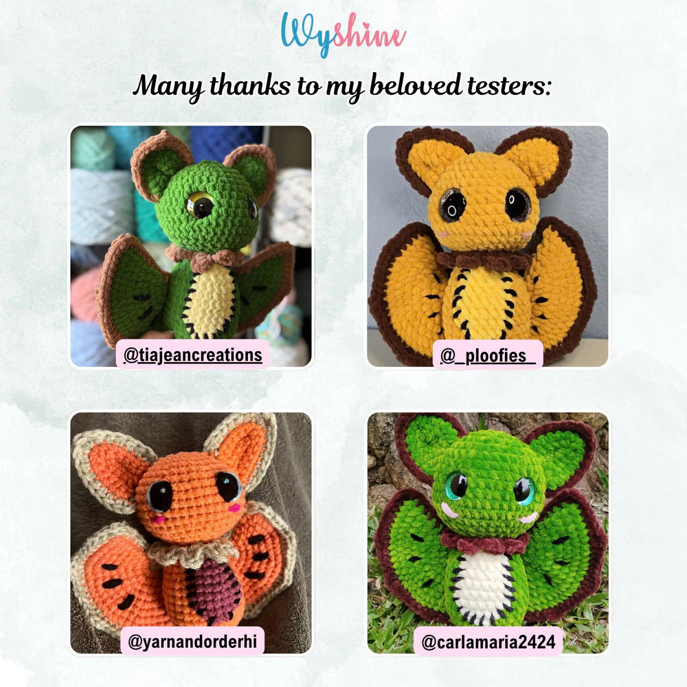 Pattern tester Kiwi Bat crochet creation showing a finished version of the fruit bat amigurumi design