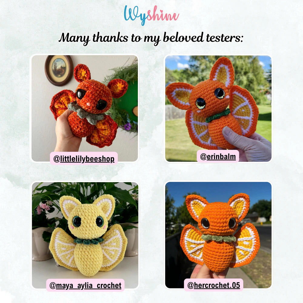 Tester-made Orange Bat crochet plush showing the finished fruit-inspired amigurumi design
