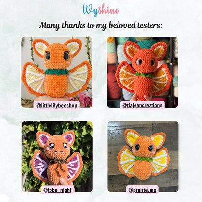 Tester-made Orange Bat crochet plush showing the finished fruit-inspired amigurumi design