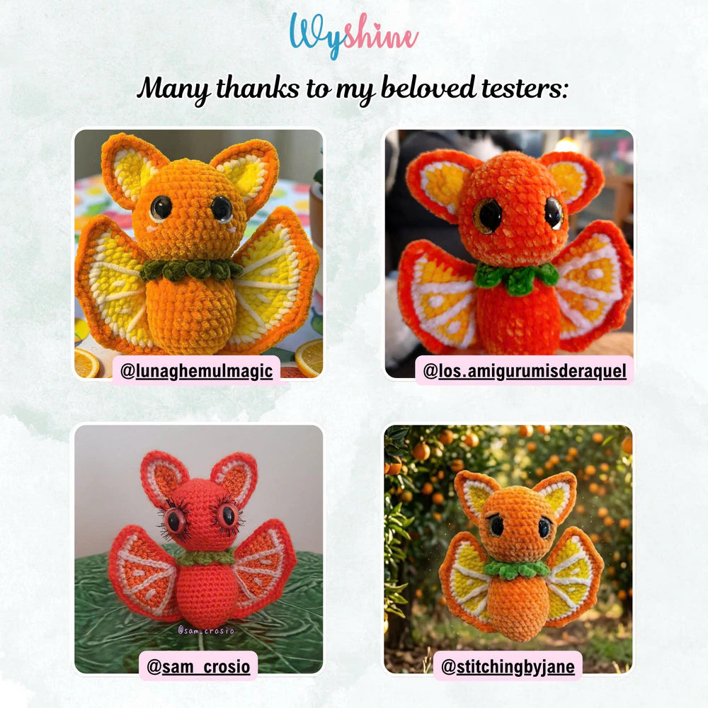 Tester-made Orange Bat crochet plush showing the finished fruit-inspired amigurumi design
