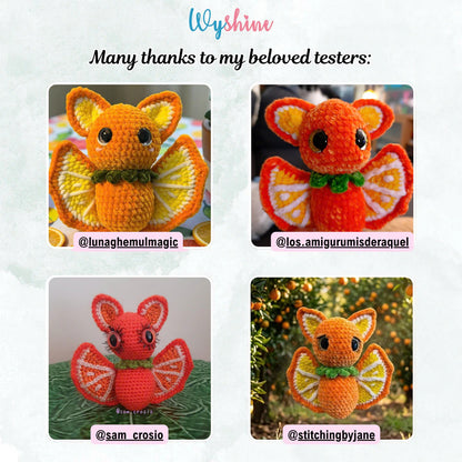Tester-made Orange Bat crochet plush showing the finished fruit-inspired amigurumi design