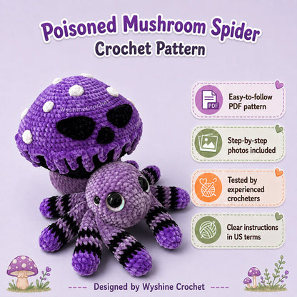 Easy to follow Halloween spider amigurumi PDF with step by step photo instructions for mushroom cap, skull details, spots, and legs