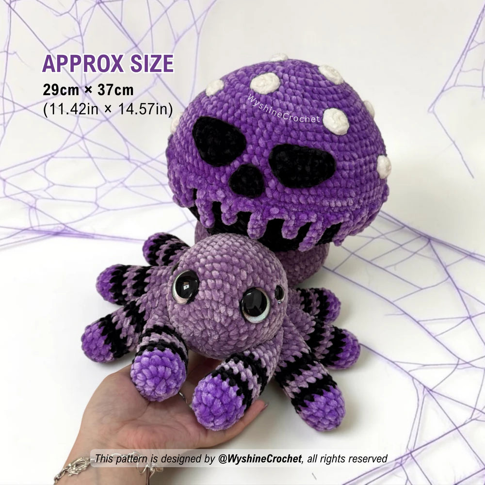 6. Poisoned Mushroom Spider Crochet Pattern size reference, finished plushie approximately 29 cm by 37 cm