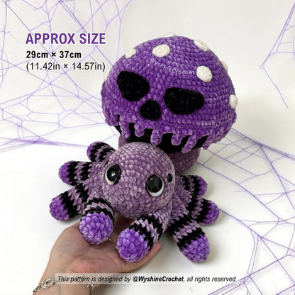 6. Poisoned Mushroom Spider Crochet Pattern size reference, finished plushie approximately 29 cm by 37 cm