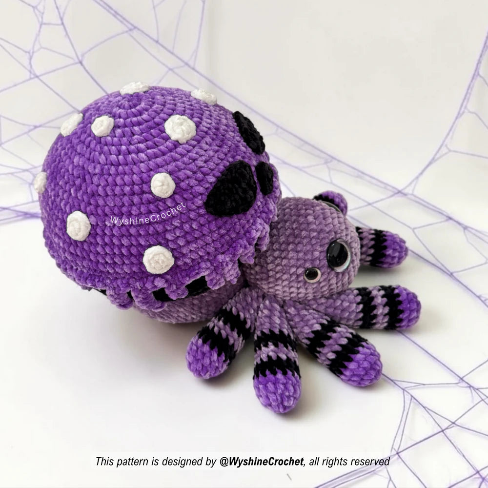 Amigurumi Halloween crochet pattern for a spooky cute mushroom spider plushie, gothic fall decor, and handmade seasonal gifts