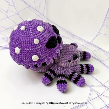 Amigurumi Halloween crochet pattern for a spooky cute mushroom spider plushie, gothic fall decor, and handmade seasonal gifts