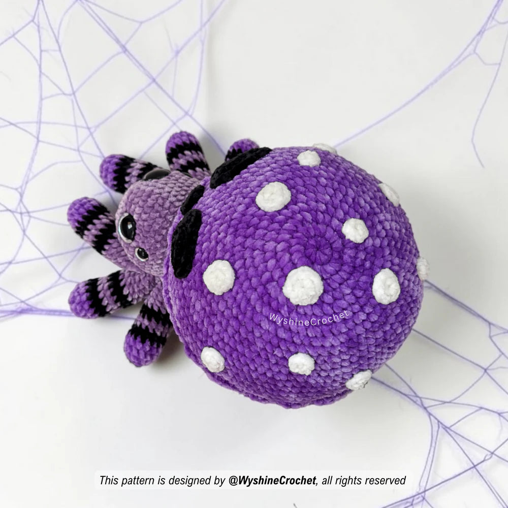 Amigurumi Halloween crochet pattern for a spooky cute mushroom spider plushie, gothic fall decor, and handmade seasonal gifts
