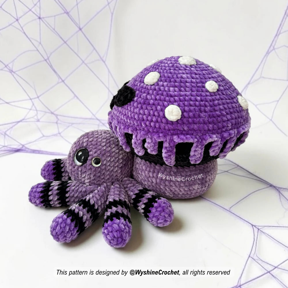 Spooky cute crochet decoration pattern for Halloween, gothic mushroom lovers, creepy plushie collectors, and crochet market prep