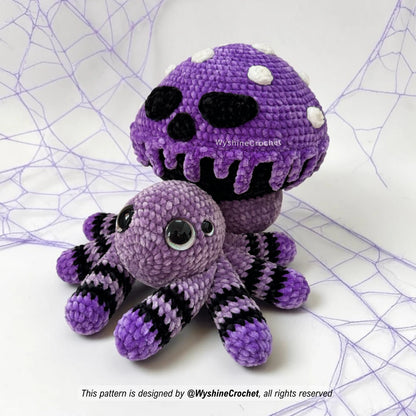 Spooky cute crochet decoration pattern for Halloween, gothic mushroom lovers, creepy plushie collectors, and crochet market prep