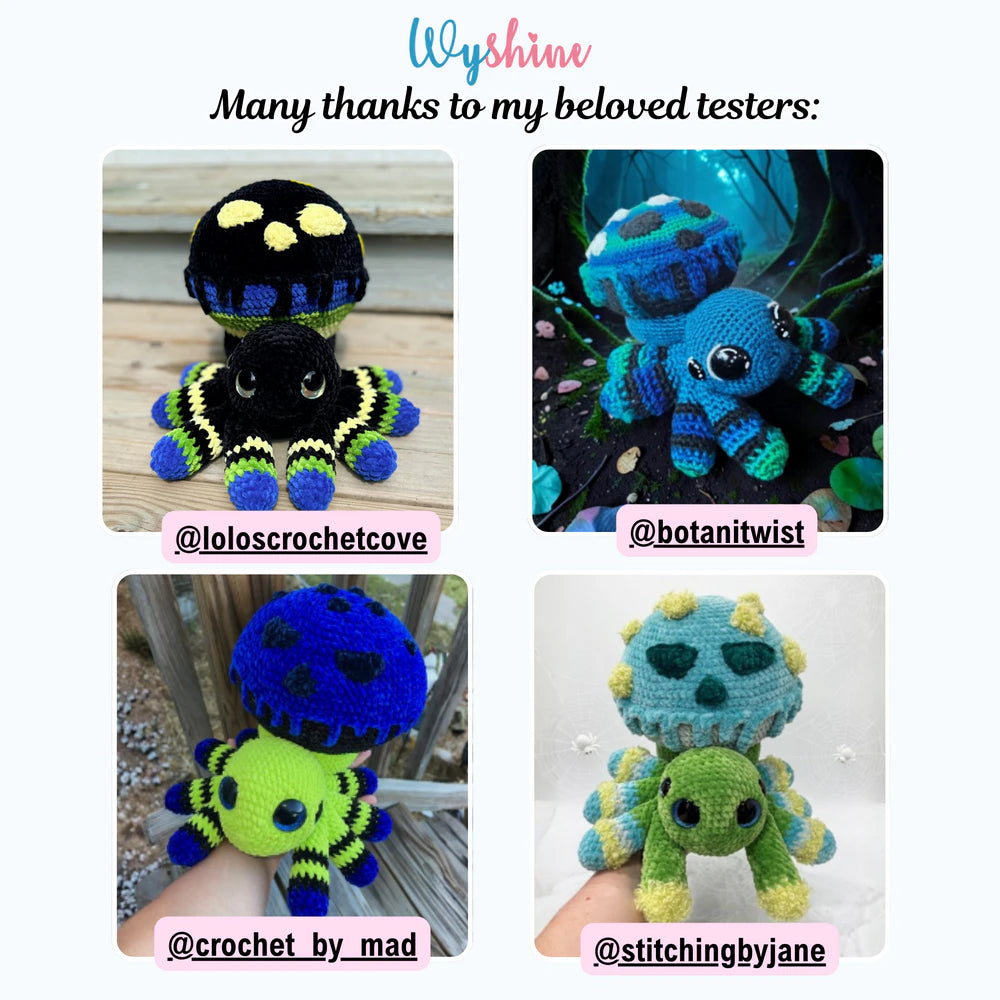 Tester showcase for Poisoned Mushroom Spider Crochet Pattern with a colorful spooky spider version made by a crochet tester