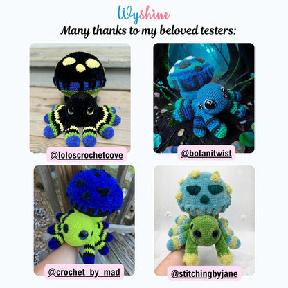 Tester showcase for Poisoned Mushroom Spider Crochet Pattern with a colorful spooky spider version made by a crochet tester