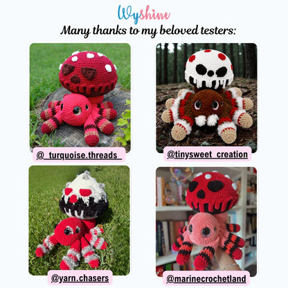 Tester showcase for Poisoned Mushroom Spider Crochet Pattern with a colorful spooky spider version made by a crochet tester