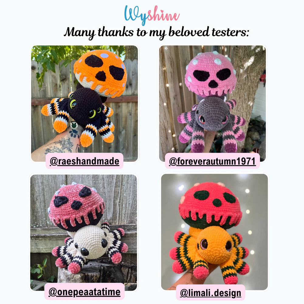 Tester showcase for Poisoned Mushroom Spider Crochet Pattern with a colorful spooky spider version made by a crochet tester