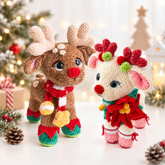 Couple Reindeer crochet pattern by WyshineCrochet featuring Flower Reindeer and Chestnut Reindeer amigurumi together in a cozy Christmas woodland theme.