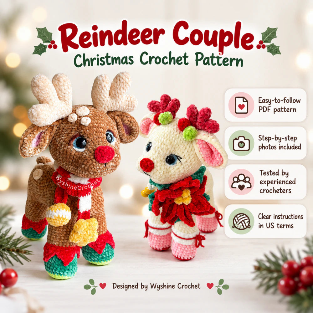 Christmas Couple Reindeer amigurumi crochet pattern featuring two festive woodland reindeer with detailed handmade crochet textures, ideal for holiday decor, gifts, and winter displays.
