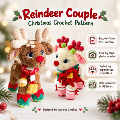Christmas Couple Reindeer amigurumi crochet pattern featuring two festive woodland reindeer with detailed handmade crochet textures, ideal for holiday decor, gifts, and winter displays.