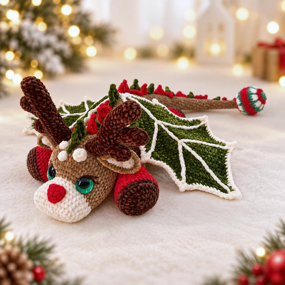 Reindeer Dragon Crochet Pattern finished Christmas amigurumi plushie with antlers, red nose, leaf-style wings, and festive details
