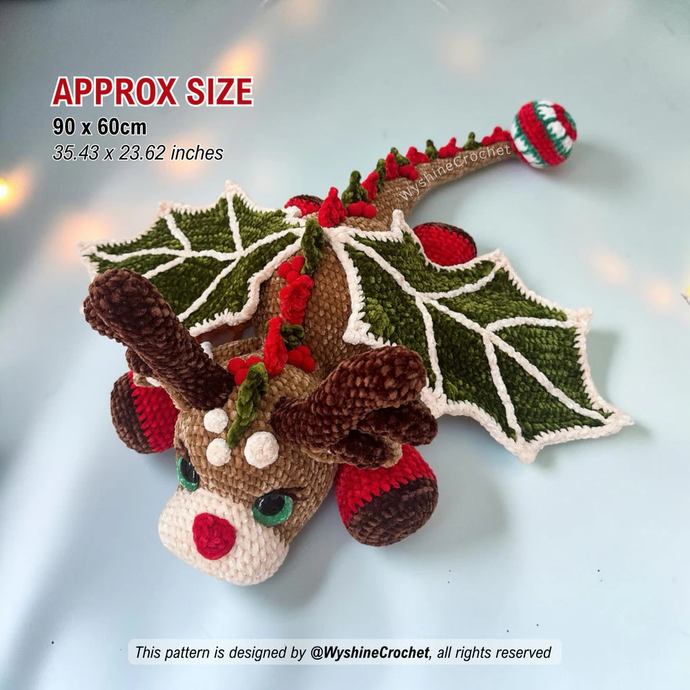 Reindeer Dragon Crochet Pattern size reference showing finished plushie approx 90 cm by 60 cm
