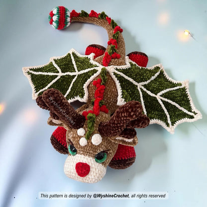 Large Christmas amigurumi dragon plushie pattern with antlers, leaf-style wings, and winter nursery decor charm
