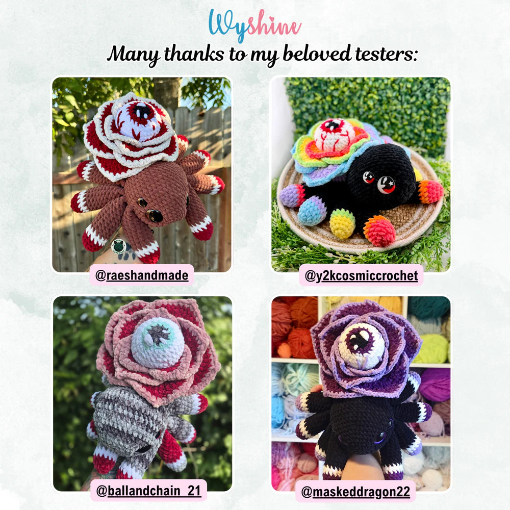  Tester showcase for Rose Eye Spider Crochet Pattern with colorful spooky flower spider versions made by multiple crochet testers
