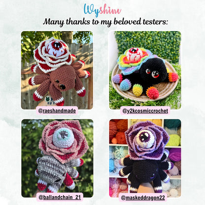  Tester showcase for Rose Eye Spider Crochet Pattern with colorful spooky flower spider versions made by multiple crochet testers

