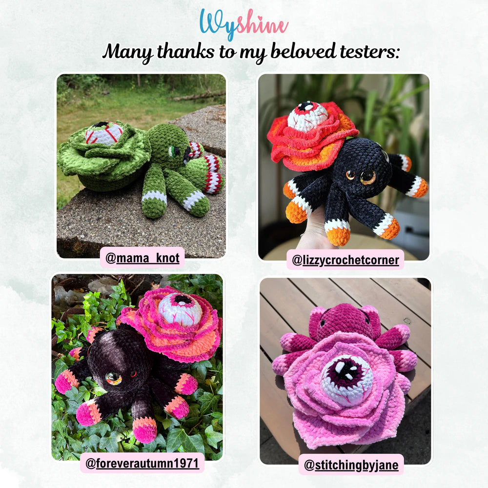  Tester showcase for Rose Eye Spider Crochet Pattern with colorful spooky flower spider versions made by multiple crochet testers
