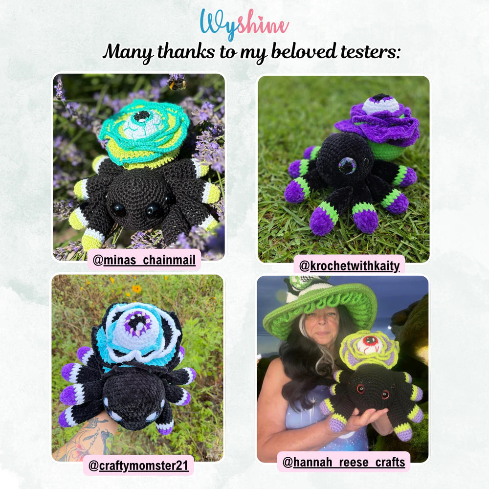 Tester showcase for Rose Eye Spider Crochet Pattern with colorful spooky flower spider versions made by multiple crochet testers
