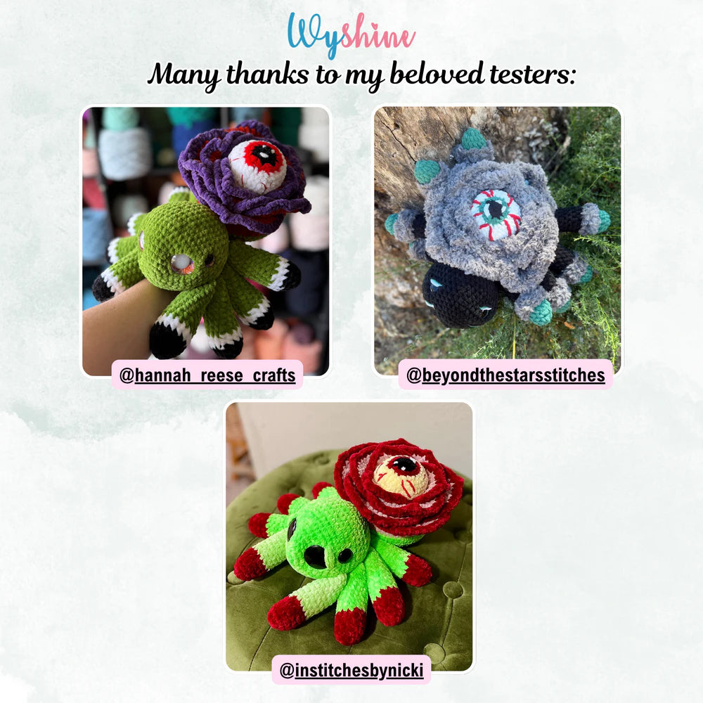  Tester showcase for Rose Eye Spider Crochet Pattern with colorful spooky flower spider versions made by multiple crochet testers