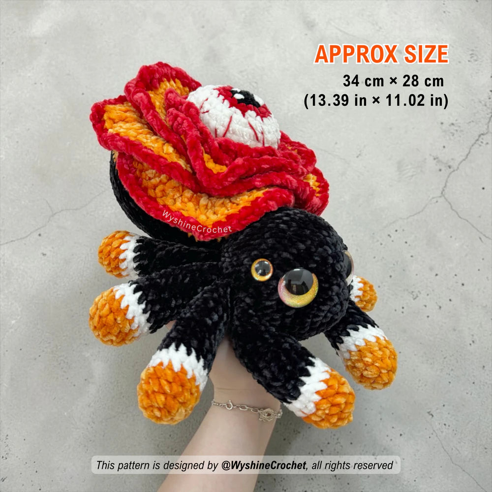  Rose Eye Spider Crochet Pattern size reference, finished amigurumi plushie approximately 34 cm by 28 cm

