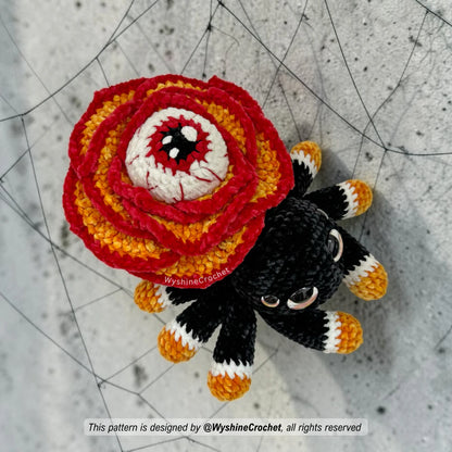 Easy to follow Halloween amigurumi spider pattern PDF with step by step photo instructions for rose petals, eye details, and legs

