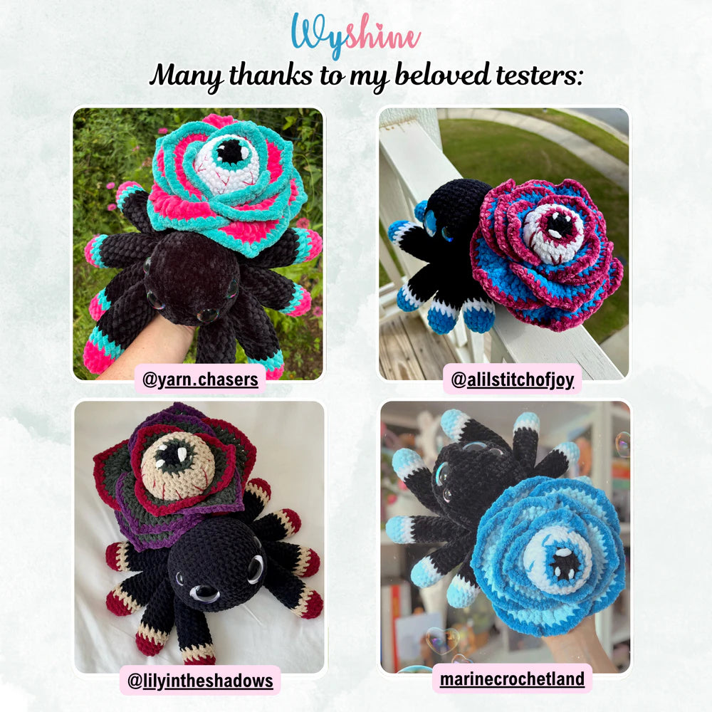  Tester showcase for Rose Eye Spider Crochet Pattern with colorful spooky flower spider versions made by multiple crochet testers
