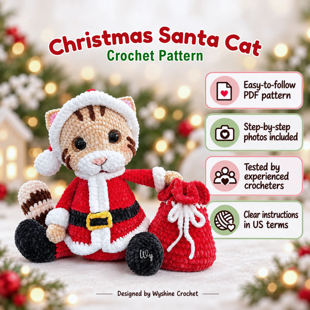 Santa Cat amigurumi crochet pattern PDF with step-by-step photos for the cat face, Santa hat, coat, arms, legs, and tail