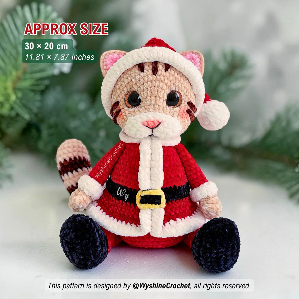 Santa Cat Crochet Pattern size reference showing a finished Christmas plushie approximately 30 cm by 20 cm