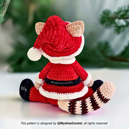 Christmas cat crochet pattern featuring a festive Santa Claus kitty with a red coat, matching hat, and striped tail