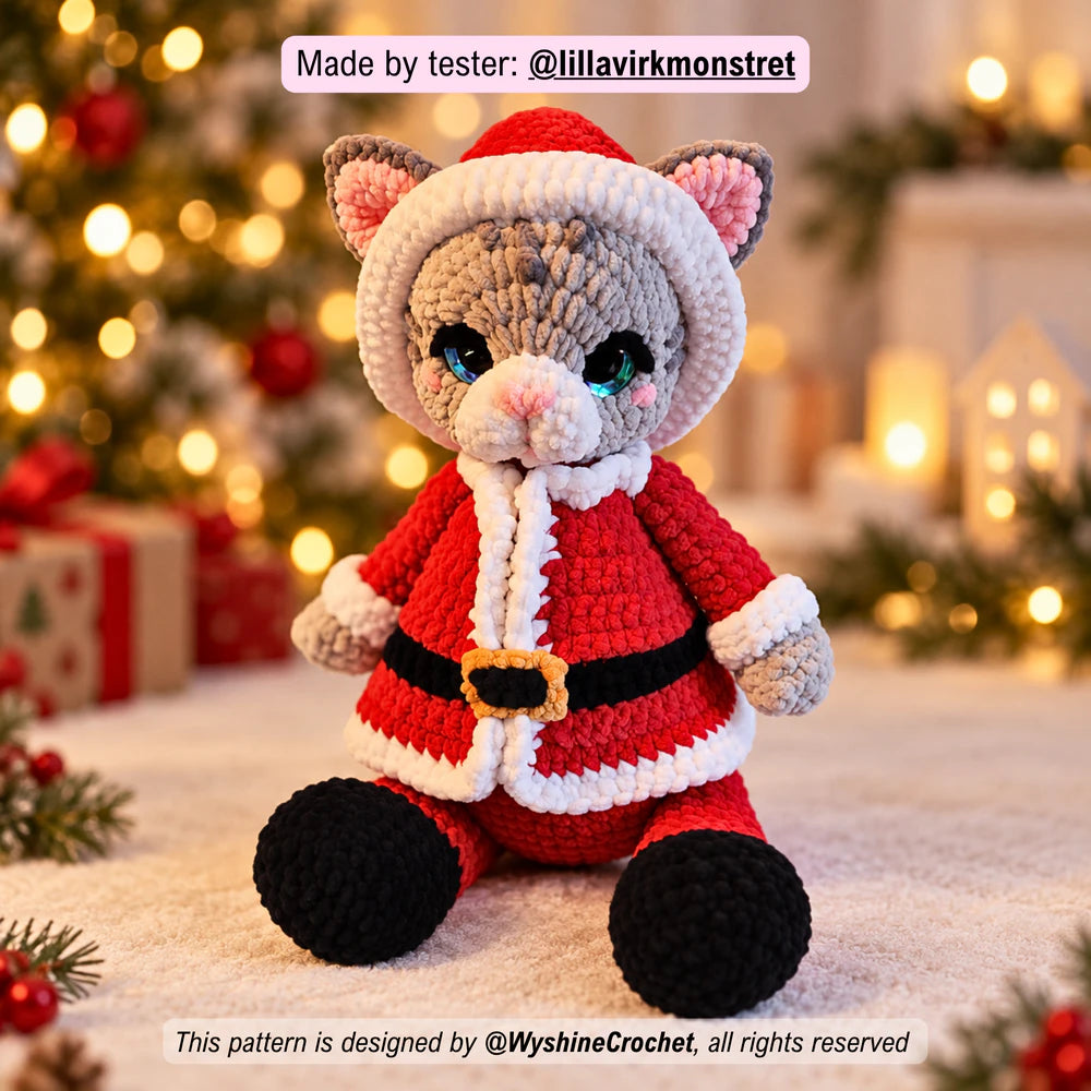 Tester-made Santa Cat crochet plushie showing a handmade Christmas cat amigurumi variation with festive holiday charm
