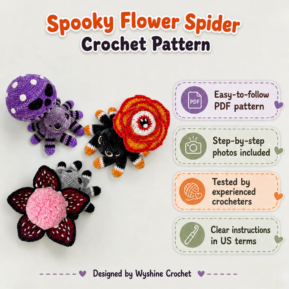 Easy to follow Halloween amigurumi crochet patterns with step by step photo instructions for petals, mushroom caps, eye details, and legs
