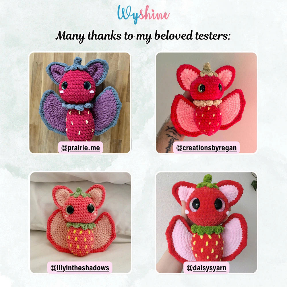 Pattern tester Strawberry Bat crochet creation showing a handmade version of the fruit bat amigurumi design