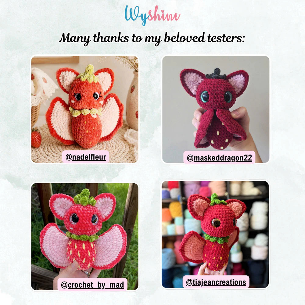 Pattern tester Strawberry Bat crochet creation showing a handmade version of the fruit bat amigurumi design