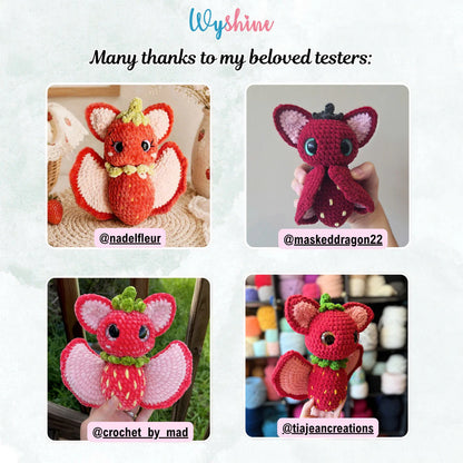 Pattern tester Strawberry Bat crochet creation showing a handmade version of the fruit bat amigurumi design